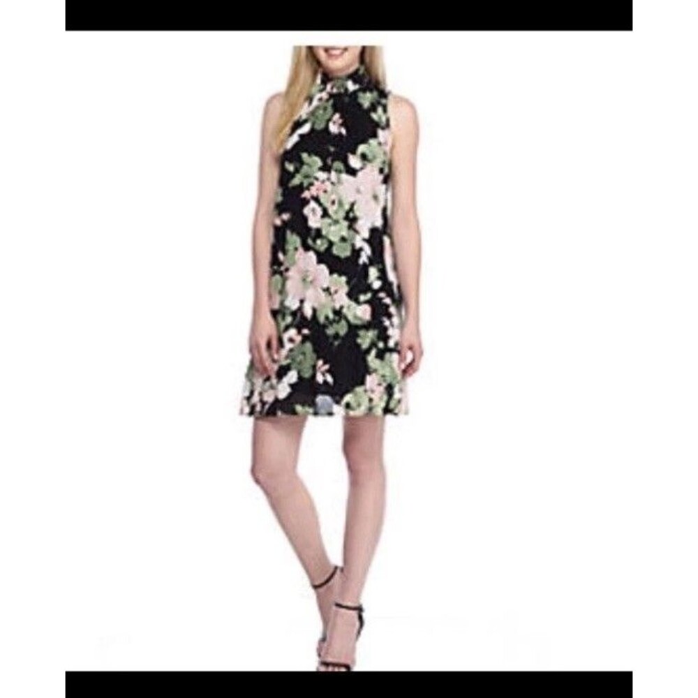 Kaari Blue Black/Coral Floral Smocked Neck Crepe Swing Dress - $129